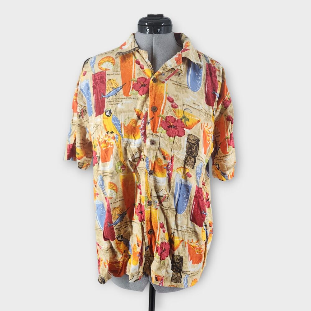 D'em Crazy Hawaiian Button Down Men's XL Floral Tikki Cocktail Design Beachwear